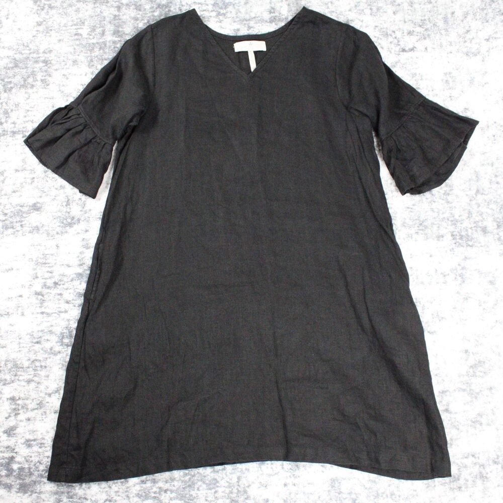 Crown Linen Designs Womens Size M Black 100% Linen Ruffle Sleeve Shift Dress
